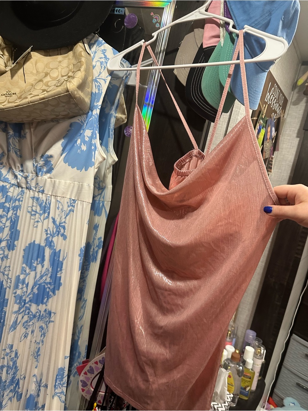 SHEIN Shimmery Rose Pink Cowl Neck Tank Top